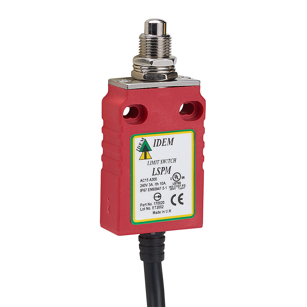 LSPM-170020 - IDEM safety limit switch, brass plunger and fixing nuts, (1) N.C. safety output(s), (1) N.O. monitoring output(s), snap action, polyester, pigtail, 6.5ft/2m cable length.