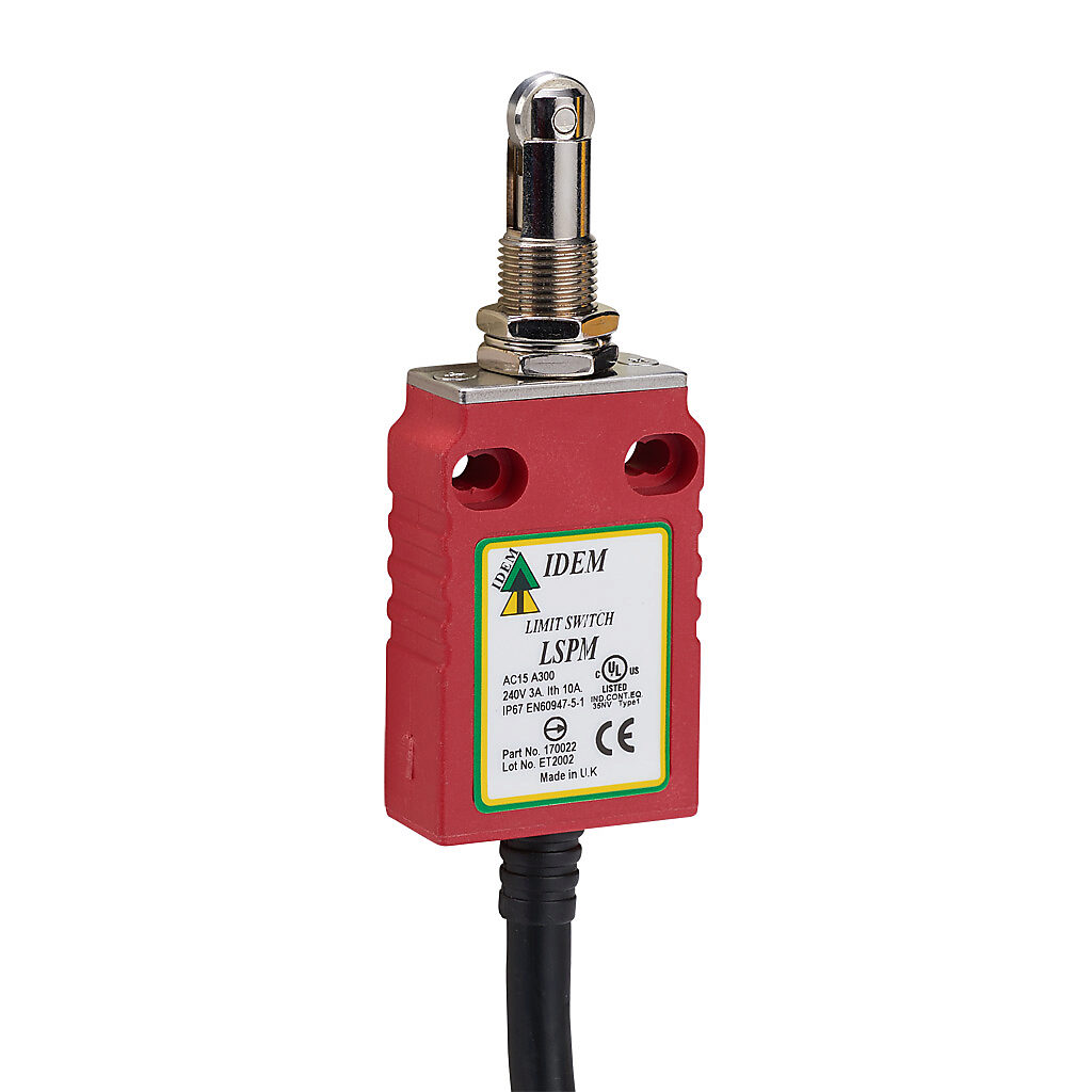 LSPM-170022 - IDEM safety limit switch, plunger with brass roller and fixing nuts, (2) N.C. safety output(s), (1) N.O. monitoring output(s), slow action break before make, polyester, pigtail, 6.5ft/2m cable length.