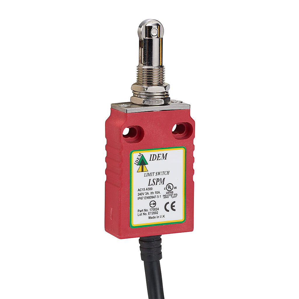 LSPM-170024 - IDEM safety limit switch, plunger with brass roller and fixing nuts, (1) N.C. safety output(s), (1) N.O. monitoring output(s), snap action, polyester, pigtail, 6.5ft/2m cable length.
