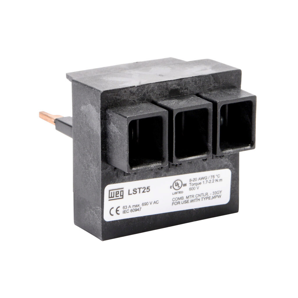 LST25 - WEG Electric incoming power terminal block, 3-pole, maximum current 63A, 20-8 AWG. For use with MPW40 series manual motor protectors. Required when using a MPW40 in a UL Type E application 32A and less.