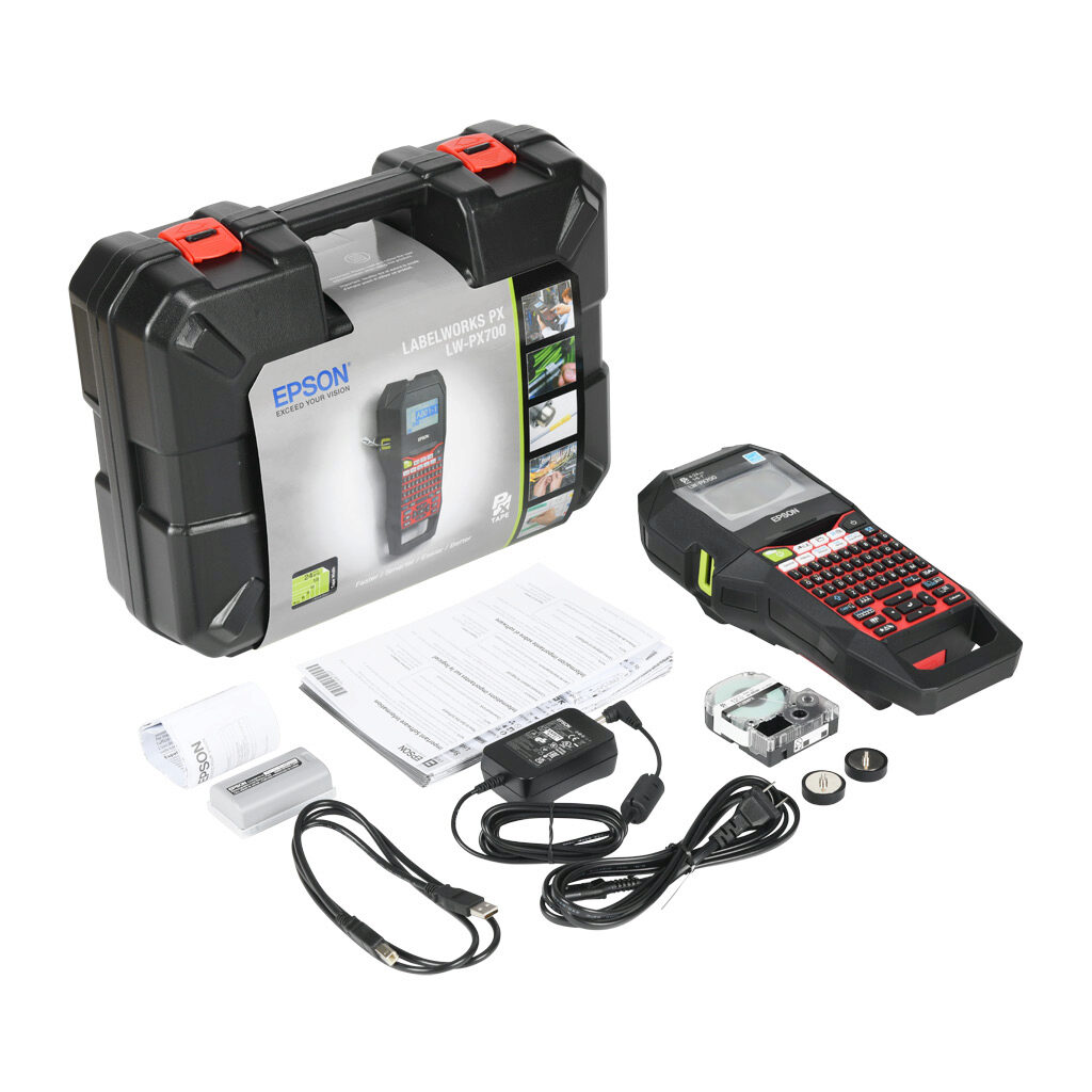 LW-PX700PCD - Epson LabelWorks PX series portable label printer kit, prints labels up to 24mm (1in) wide or 14mm (9/16in) nominal diameter, thermal transfer, 180dpi, back-lit monochrome LCD, automatic label cutter. For use with Epson LabelWorks PX...