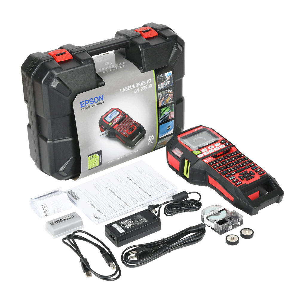 LW-PX900PCD - Epson LabelWorks PX series portable label printer kit, prints labels up to 36mm (1-1/2in) wide or 21mm (7/8in) nominal diameter, thermal transfer, 360dpi, back-lit monochrome LCD, automatic label cutter. For use with Epson LabelWorks...