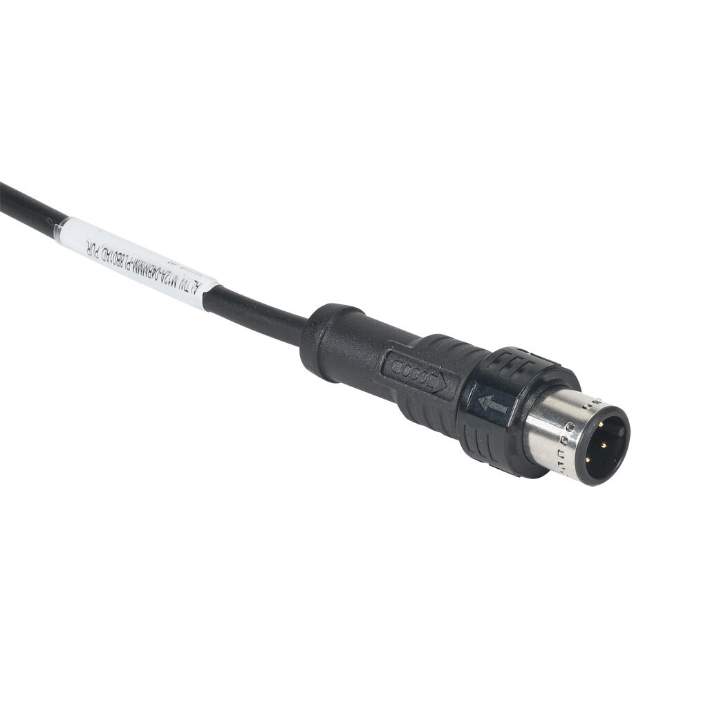 M12A-04BMMM-PL8B01AD - Amphenol connection cable, M12 axial male push-pull A-coded to pigtail, 4-pole, 250V, 4A, 22 AWG, PUR jacket, black, unshielded, 3.2ft/1m cable length, IP68, sensor & signal.