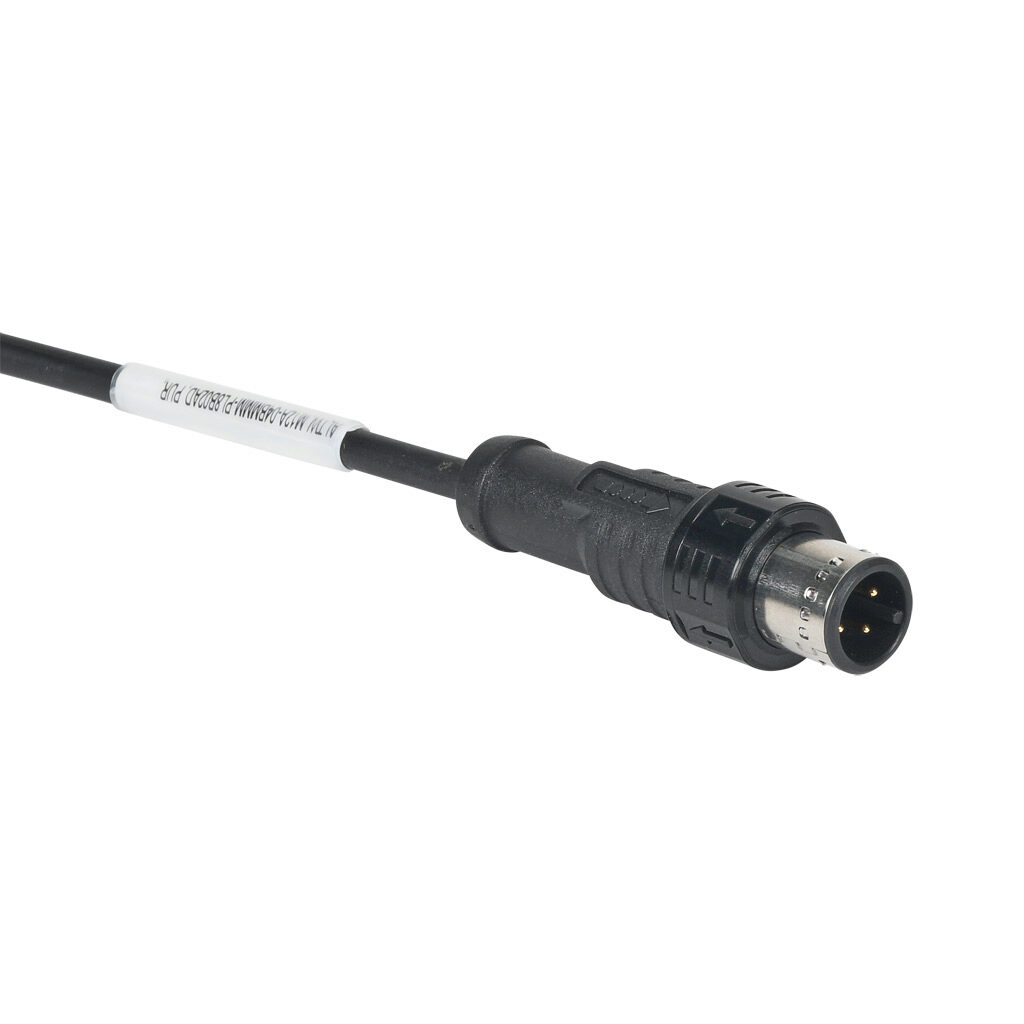 M12A-04BMMM-PL8B02AD - Amphenol connection cable, M12 axial male push-pull A-coded to pigtail, 4-pole, 250V, 4A, 22 AWG, PUR jacket, black, unshielded, 6.5ft/2m cable length, IP68, sensor & signal.