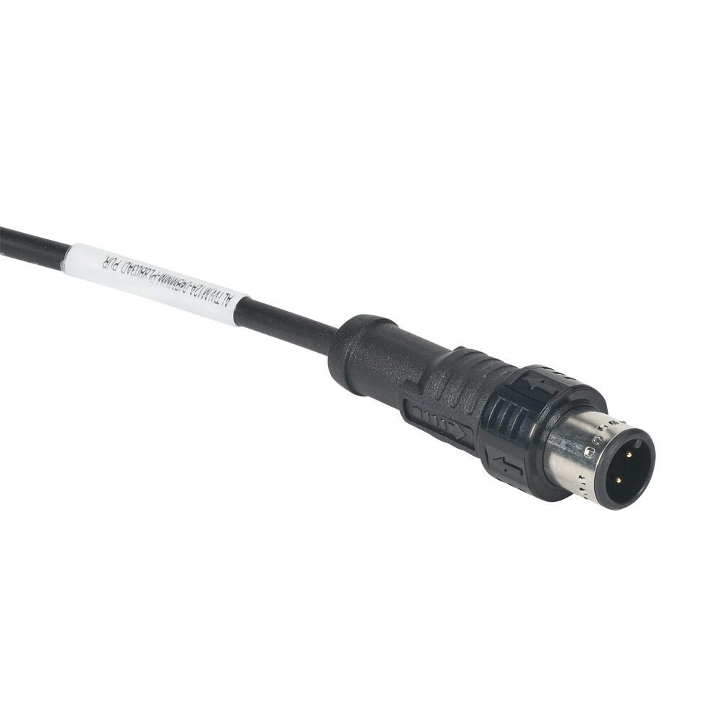 M12A-04BMMM-PL8B03AD - Amphenol connection cable, M12 axial male push-pull A-coded to pigtail, 4-pole, 250V, 4A, 22 AWG, PUR jacket, black, unshielded, 9.8ft/3m cable length, IP68, sensor & signal.