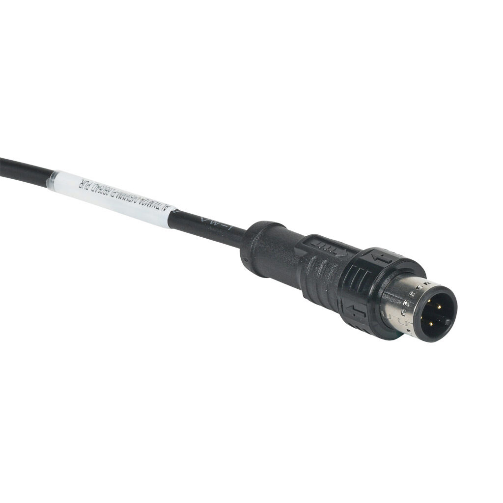 M12A-04BMMM-PL8B05AD - Amphenol connection cable, M12 axial male push-pull A-coded to pigtail, 4-pole, 250V, 4A, 22 AWG, PUR jacket, black, unshielded, 16.4ft/5m cable length, IP68, sensor & signal.