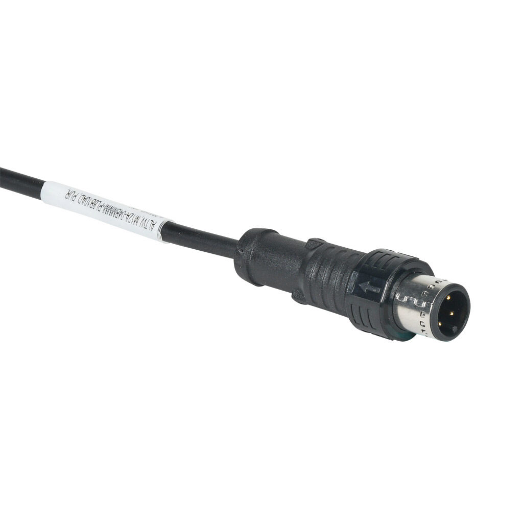 M12A-04BMMM-PL8B10AD - Amphenol connection cable, M12 axial male push-pull A-coded to pigtail, 4-pole, 250V, 4A, 22 AWG, PUR jacket, black, unshielded, 32.8ft/10m cable length, IP68, sensor & signal.