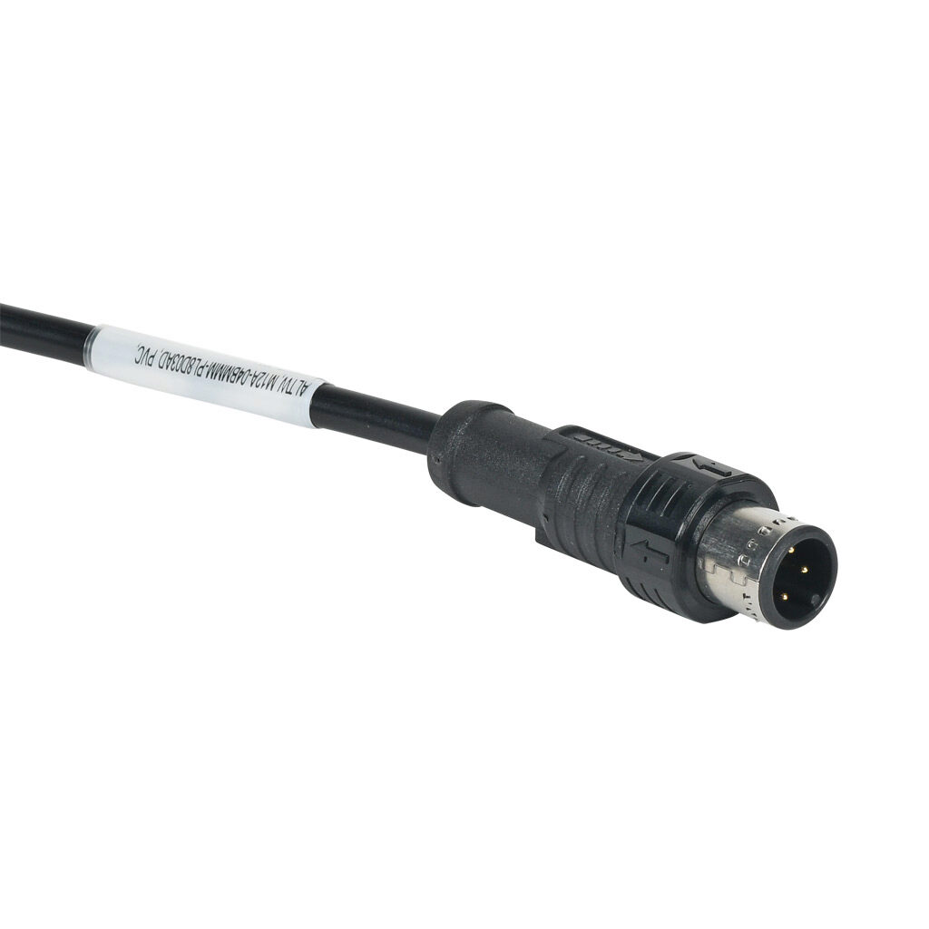 M12A-04BMMM-PL8D03AD - Amphenol connection cable, M12 axial male push-pull A-coded to pigtail, 4-pole, 250V, 4A, 22 AWG, PVC jacket, black, unshielded, 9.8ft/3m cable length, IP68, sensor & signal.