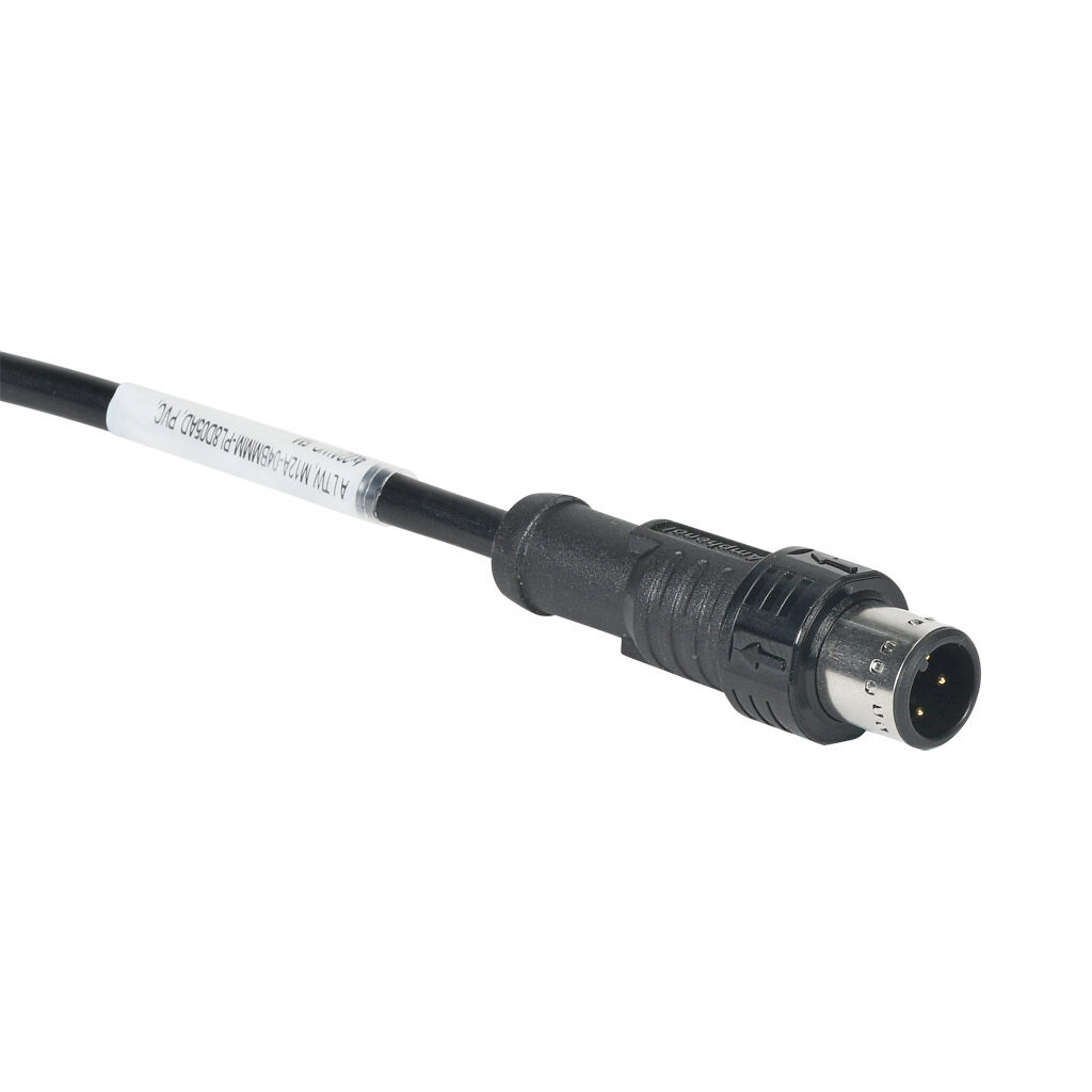 M12A-04BMMM-PL8D05AD - Amphenol connection cable, M12 axial male push-pull A-coded to pigtail, 4-pole, 250V, 4A, 22 AWG, PVC jacket, black, unshielded, 16.4ft/5m cable length, IP68, sensor & signal.
