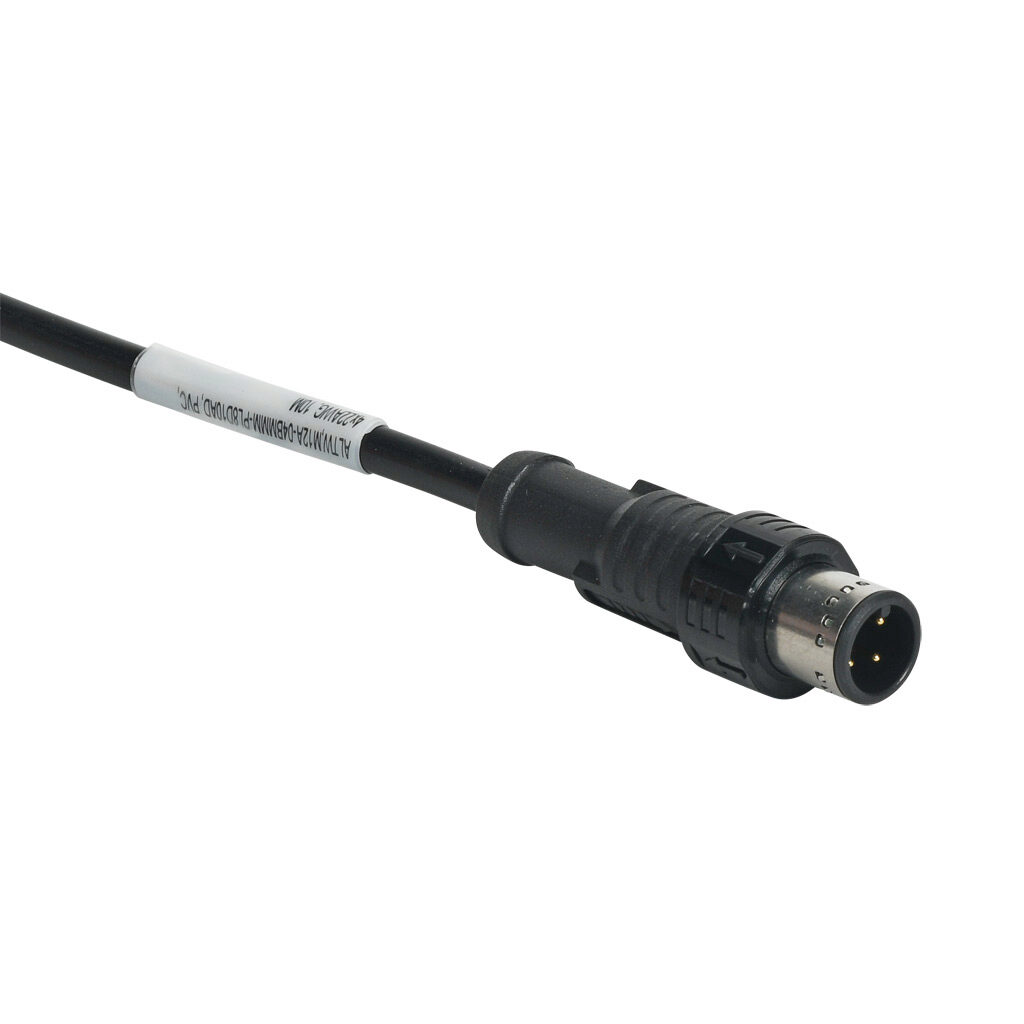 M12A-04BMMM-PL8D10AD - Amphenol connection cable, M12 axial male push-pull A-coded to pigtail, 4-pole, 250V, 4A, 22 AWG, PVC jacket, black, unshielded, 32.8ft/10m cable length, IP68, sensor & signal.