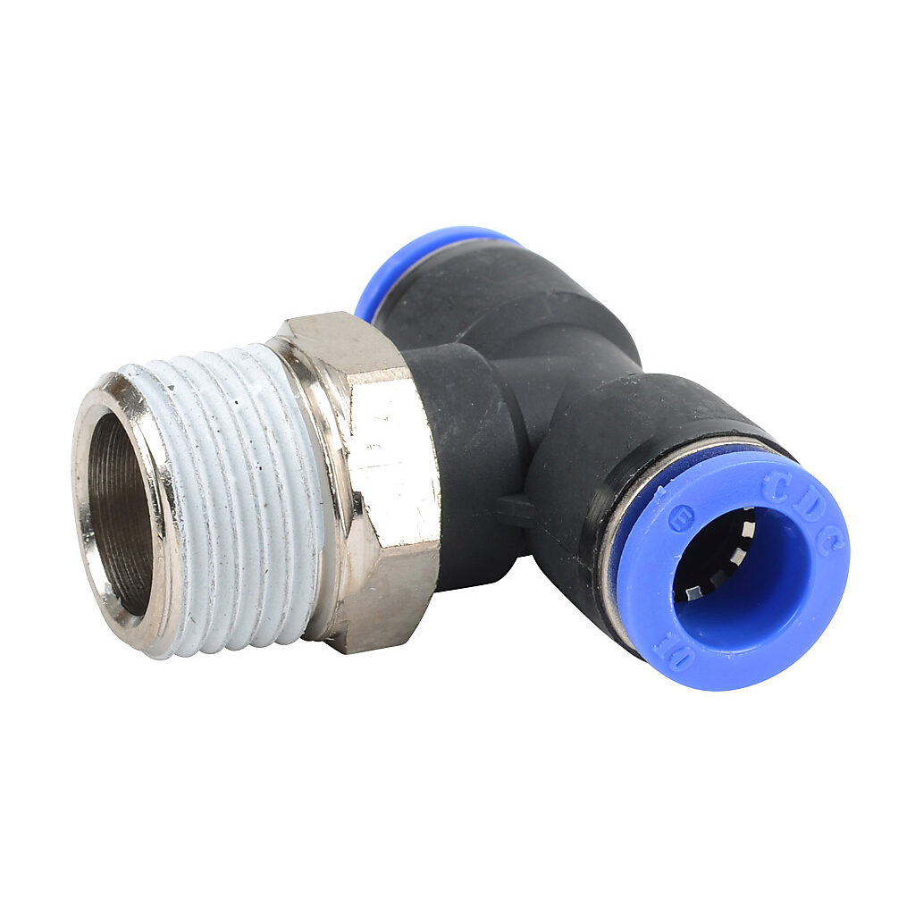 MBT10M-12R - NITRA pneumatic push-to-connect fitting, branch tee, rotating, thermoplastic (PBT) body, nickel-plated brass threads, thread sealant, (1) R1/2 male BSPT to (2) 10mm push-to-connect. Package of 5.