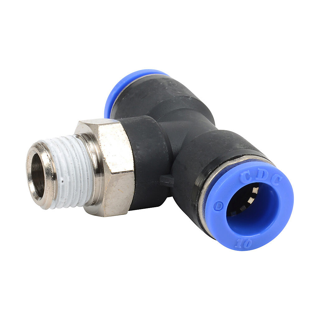 MBT10M-14R - NITRA pneumatic push-to-connect fitting, branch tee, rotating, thermoplastic (PBT) body, nickel-plated brass threads, thread sealant, (1) R1/4 male BSPT to (2) 10mm push-to-connect. Package of 5.