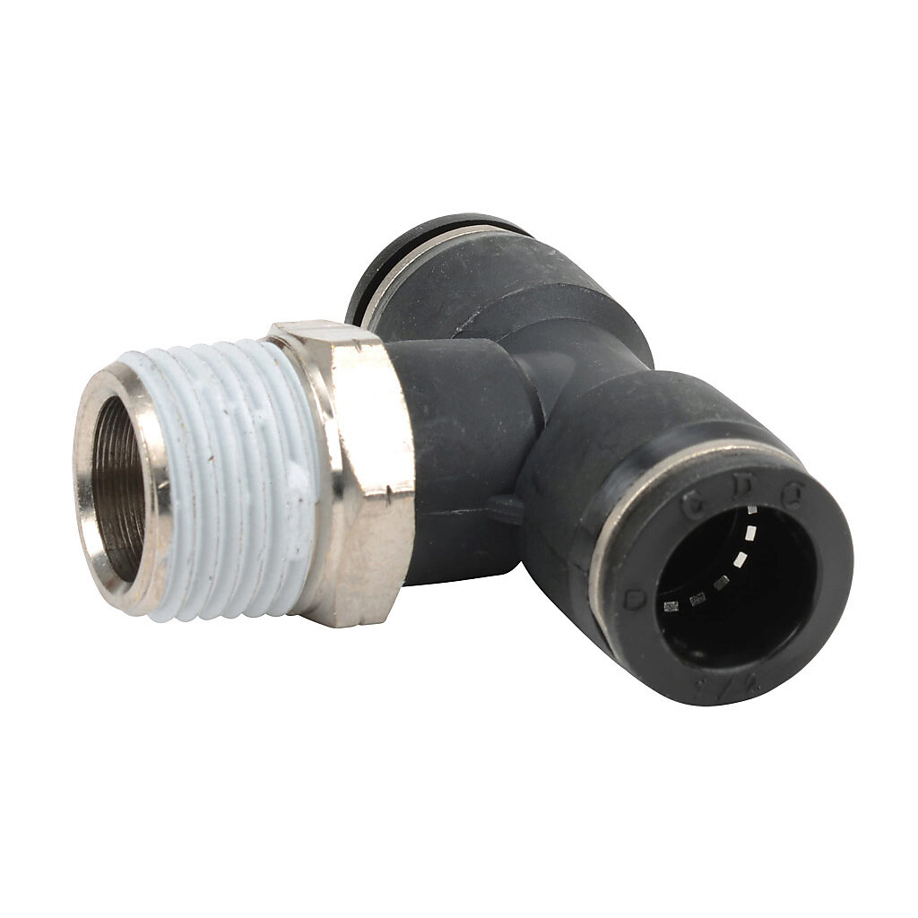 MBT12-12N - NITRA pneumatic push-to-connect fitting, branch tee, rotating, thermoplastic (PBT) body, nickel-plated brass threads, thread sealant, (1) 1/2in male NPT to (2) 1/2in push-to-connect. Package of 5.