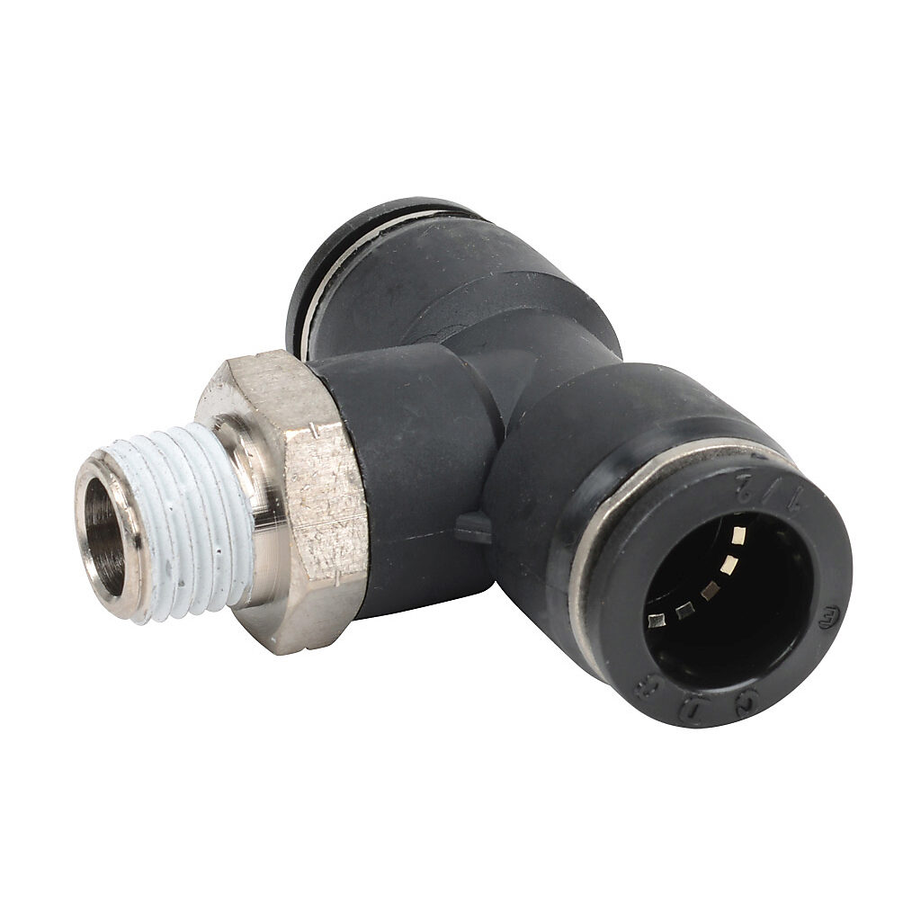 MBT12-14N - NITRA pneumatic push-to-connect fitting, branch tee, rotating, thermoplastic (PBT) body, nickel-plated brass threads, thread sealant, (1) 1/4in male NPT to (2) 1/2in push-to-connect. Package of 5.