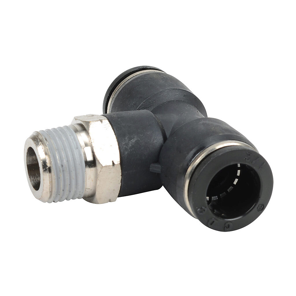MBT12-38N - NITRA pneumatic push-to-connect fitting, branch tee, rotating, thermoplastic (PBT) body, nickel-plated brass threads, thread sealant, (1) 3/8in male NPT to (2) 1/2in push-to-connect. Package of 5.