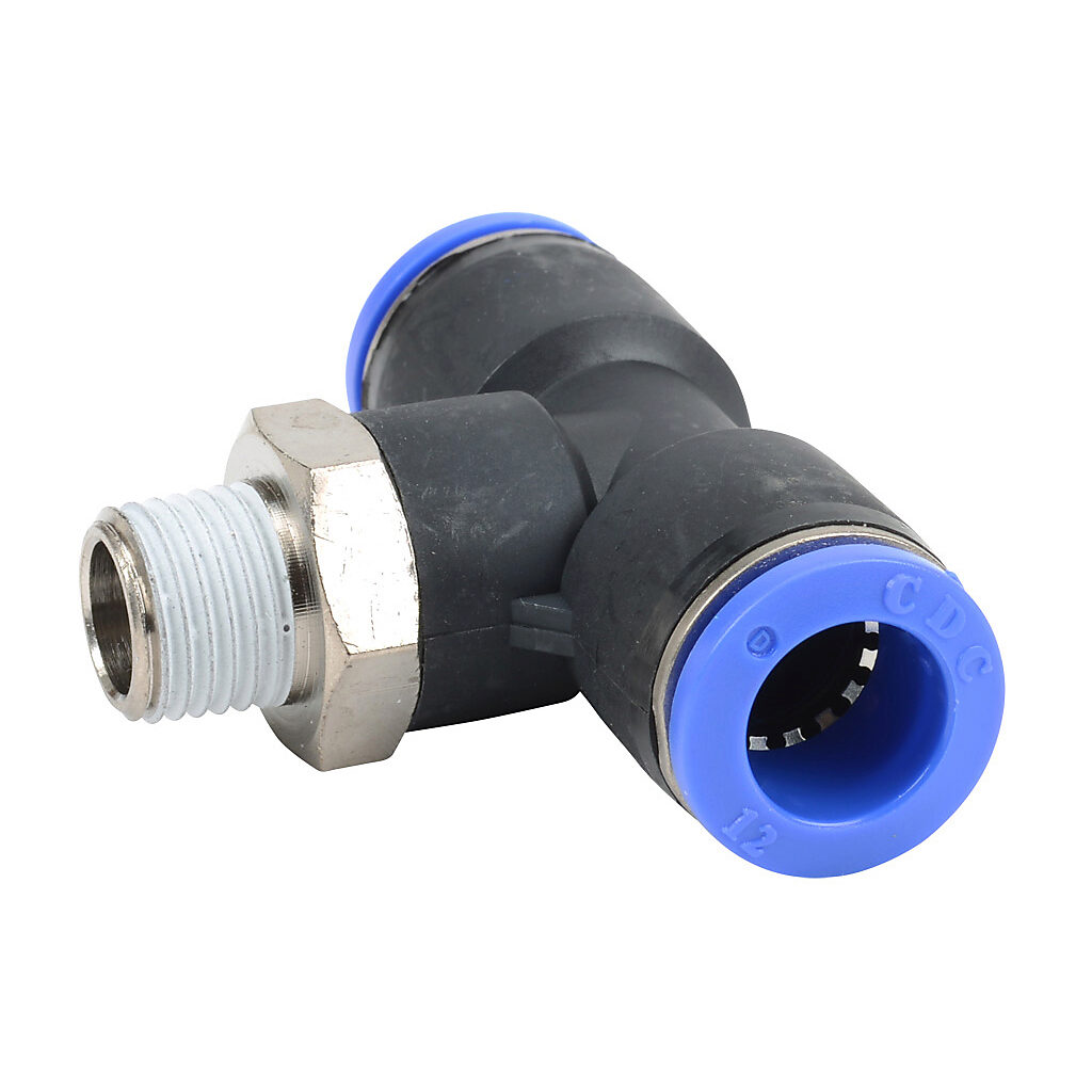 MBT12M-14R - NITRA pneumatic push-to-connect fitting, branch tee, rotating, thermoplastic (PBT) body, nickel-plated brass threads, thread sealant, (1) R1/4 male BSPT to (2) 12mm push-to-connect. Package of 5.