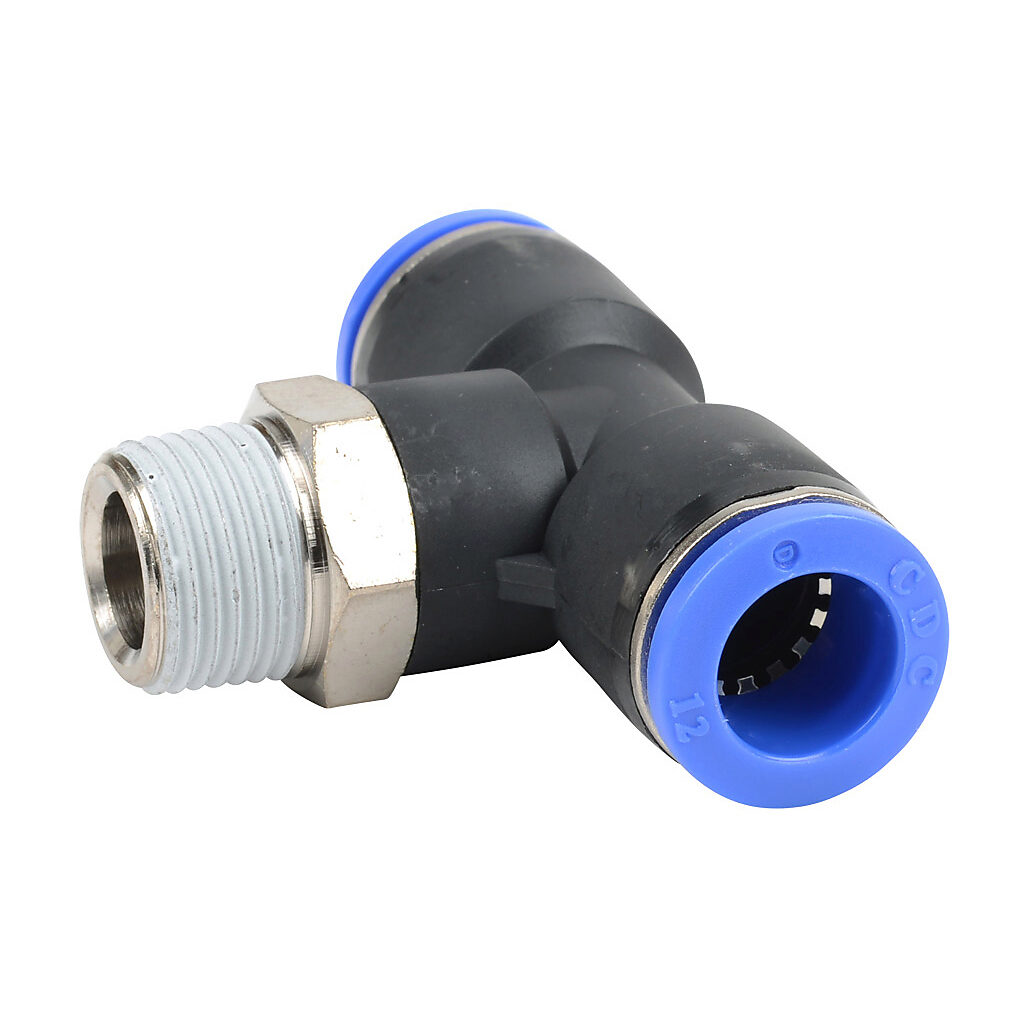 MBT12M-38R - NITRA pneumatic push-to-connect fitting, branch tee, rotating, thermoplastic (PBT) body, nickel-plated brass threads, thread sealant, (1) R3/8 male BSPT to (2) 12mm push-to-connect. Package of 5.
