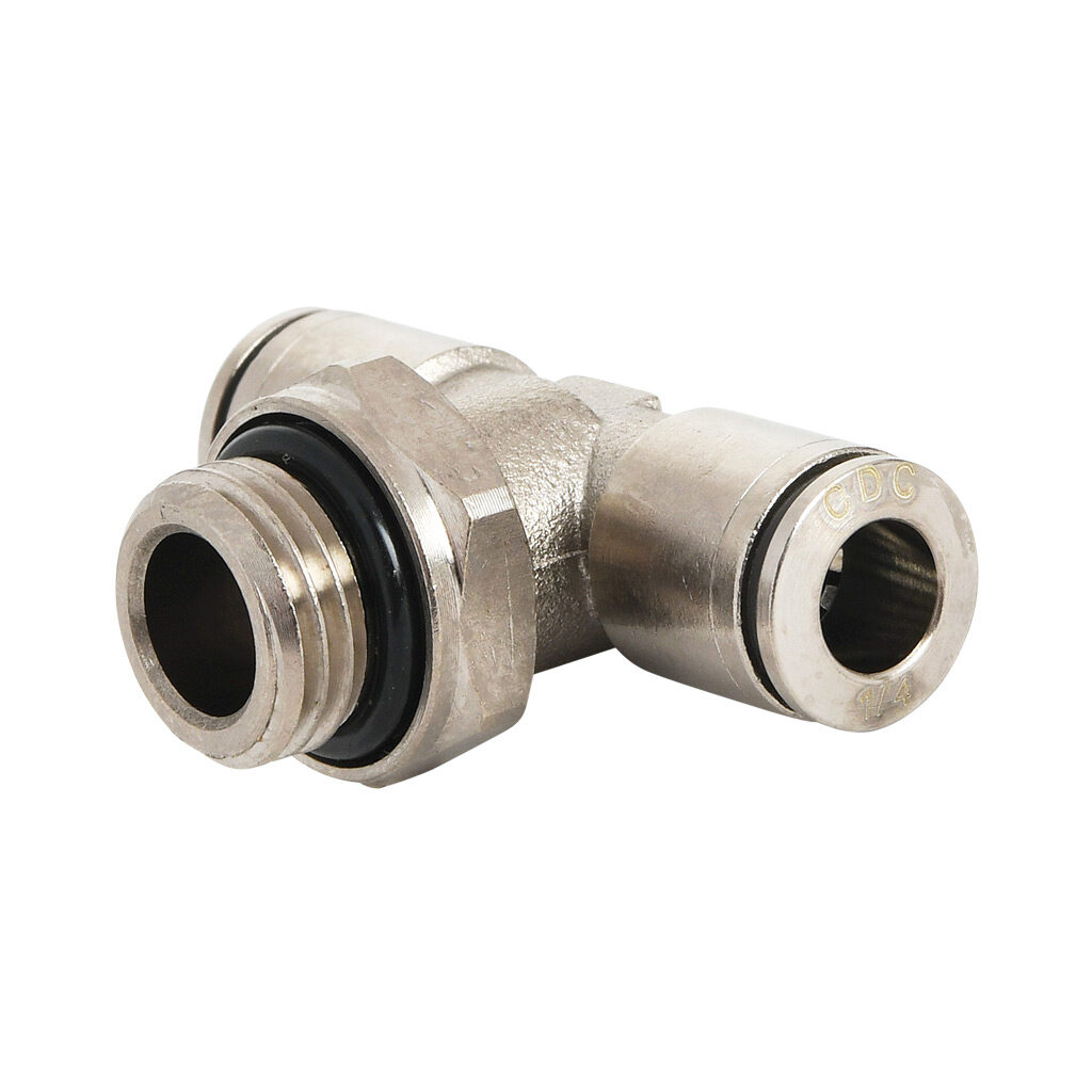 MBT14-14G-B - NITRA pneumatic push-to-connect fitting, branch tee, rotating, nickel-plated brass body, nickel-plated brass threads, Buna-N O-ring seal(s), (1) G1/4 male BSPP to (2) 1/4in push-to-connect. Package of 5.