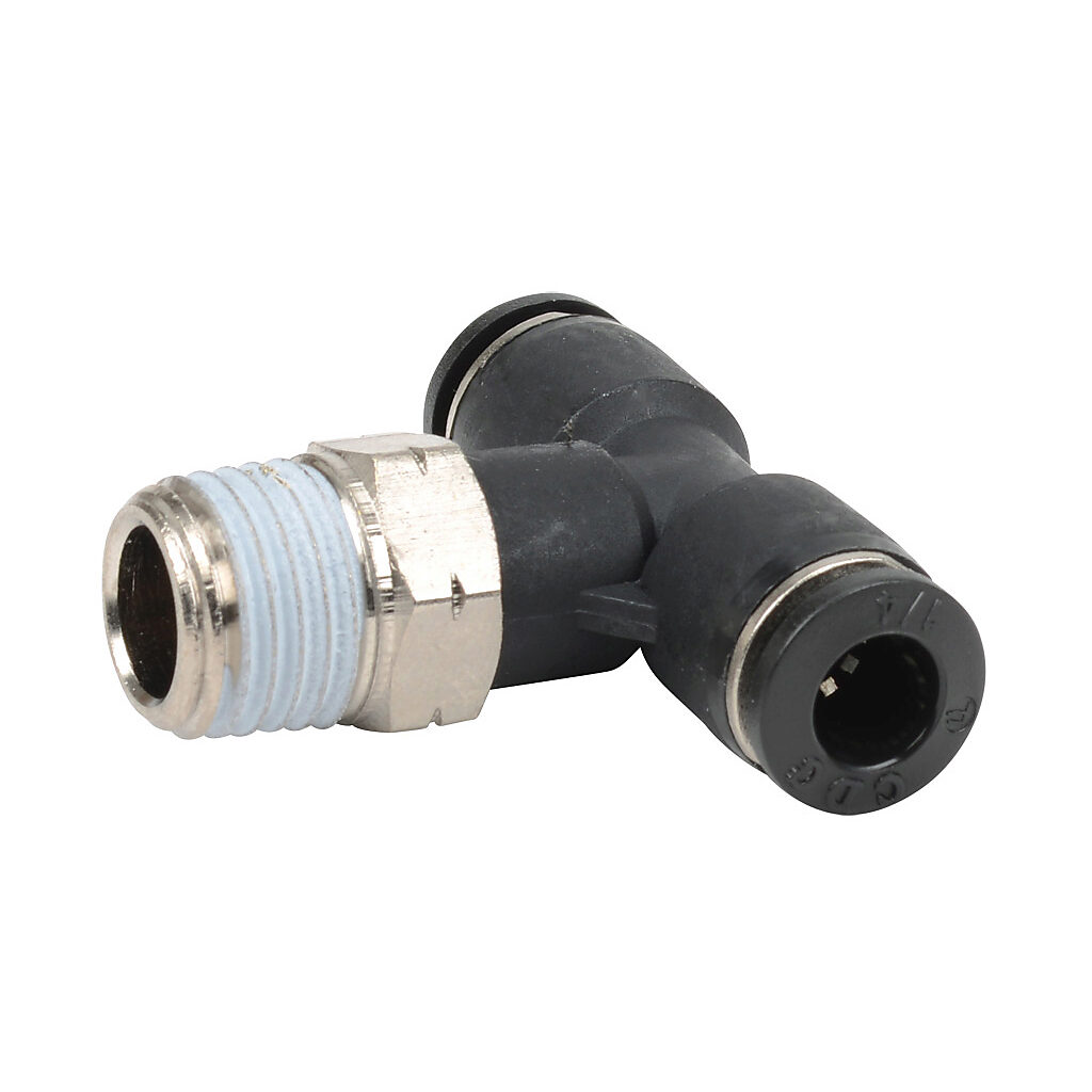 MBT14-14N - NITRA pneumatic push-to-connect fitting, branch tee, rotating, thermoplastic (PBT) body, nickel-plated brass threads, thread sealant, (1) 1/4in male NPT to (2) 1/4in push-to-connect. Package of 5.