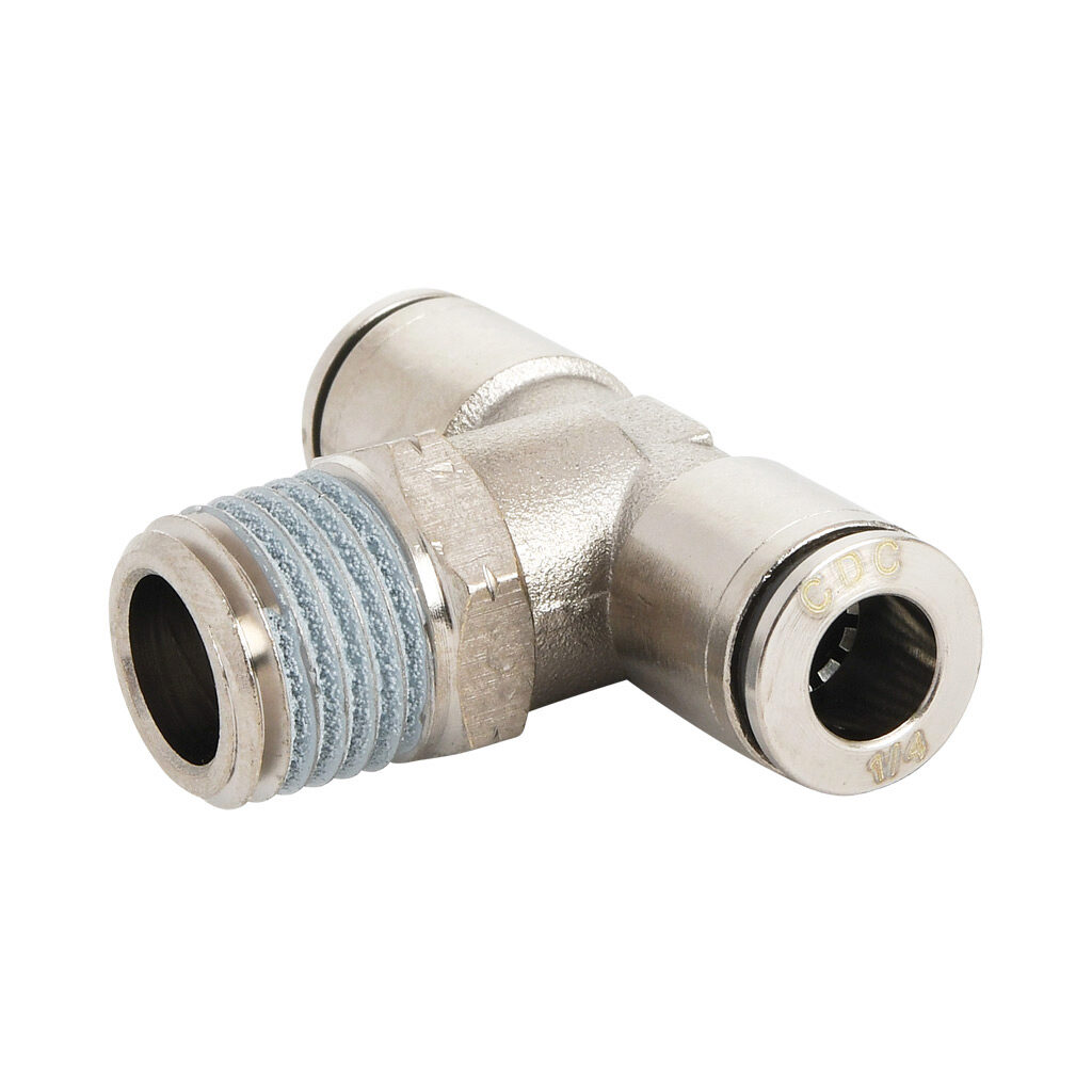 MBT14-14N-B - NITRA pneumatic push-to-connect fitting, branch tee, rotating, nickel-plated brass body, nickel-plated brass threads, thread sealant, (1) 1/4in male NPT to (2) 1/4in push-to-connect. Package of 5.