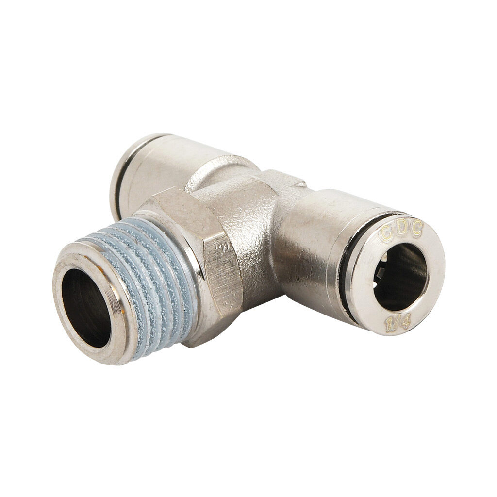 MBT14-14R-B - NITRA pneumatic push-to-connect fitting, branch tee, rotating, nickel-plated brass body, nickel-plated brass threads, thread sealant, (1) R1/4 male BSPT to (2) 1/4in push-to-connect. Package of 5.