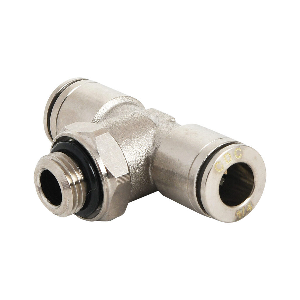 MBT14-18G-B - NITRA pneumatic push-to-connect fitting, branch tee, rotating, nickel-plated brass body, nickel-plated brass threads, Buna-N O-ring seal(s), (1) G1/8 male BSPP to (2) 1/4in push-to-connect. Package of 5.