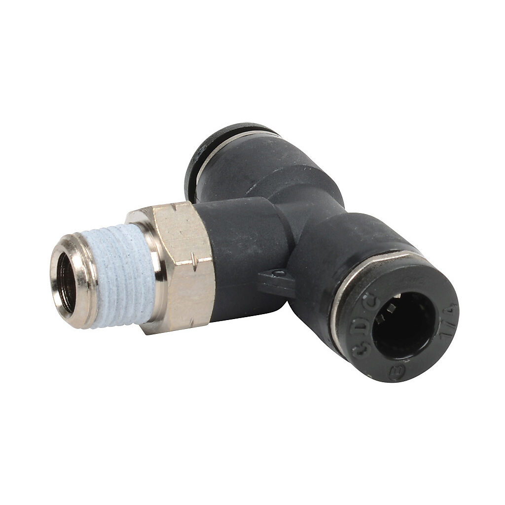 MBT14-18N - NITRA pneumatic push-to-connect fitting, branch tee, rotating, thermoplastic (PBT) body, nickel-plated brass threads, thread sealant, (1) 1/8in male NPT to (2) 1/4in push-to-connect. Package of 5.