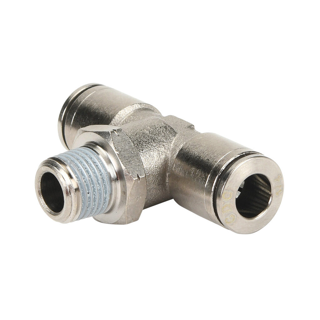 MBT14-18N-B - NITRA pneumatic push-to-connect fitting, branch tee, rotating, nickel-plated brass body, nickel-plated brass threads, thread sealant, (1) 1/8in male NPT to (2) 1/4in push-to-connect. Package of 5.
