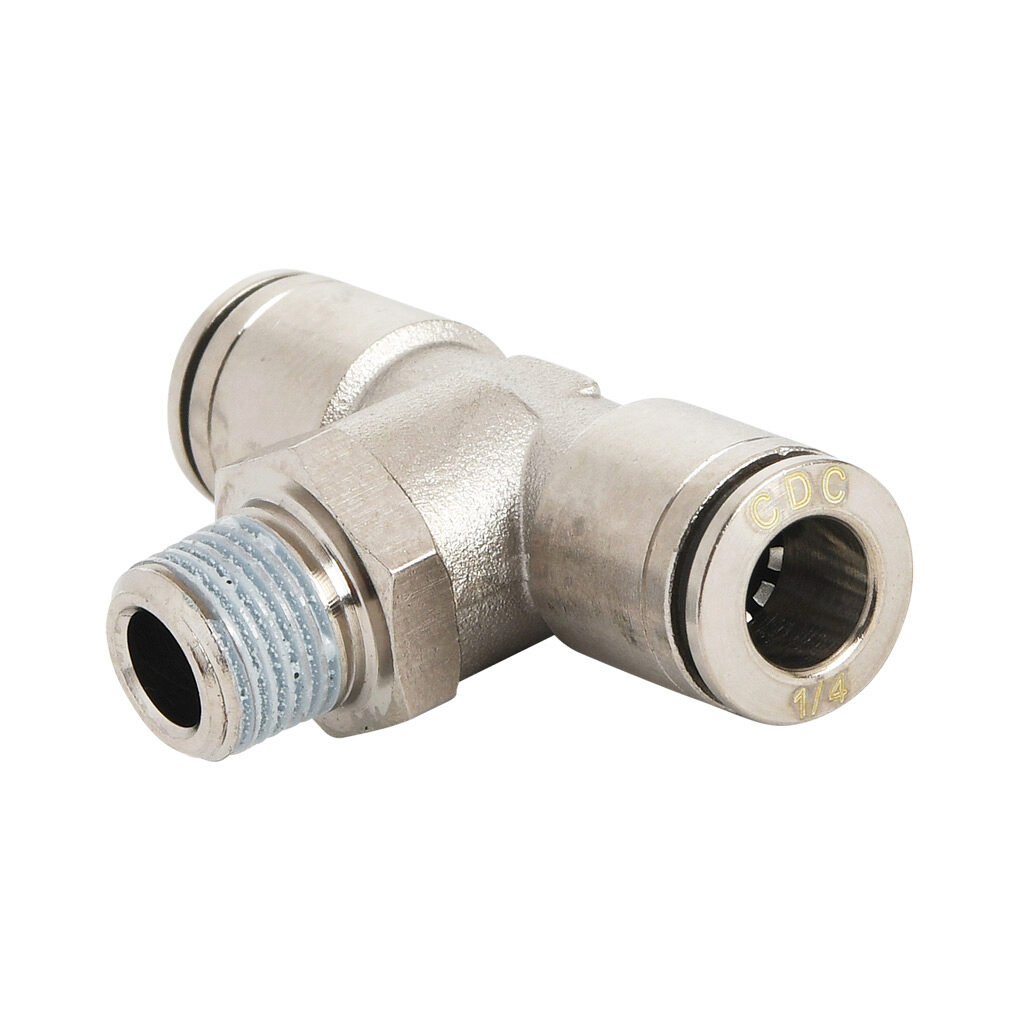 MBT14-18R-B - NITRA pneumatic push-to-connect fitting, branch tee, rotating, nickel-plated brass body, nickel-plated brass threads, thread sealant, (1) R1/8 male BSPT to (2) 1/4in push-to-connect. Package of 5.