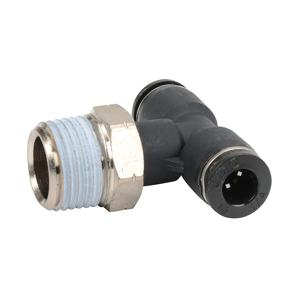 MBT14-38N - NITRA pneumatic push-to-connect fitting, branch tee, rotating, thermoplastic (PBT) body, nickel-plated brass threads, thread sealant, (1) 3/8in male NPT to (2) 1/4in push-to-connect. Package of 5.