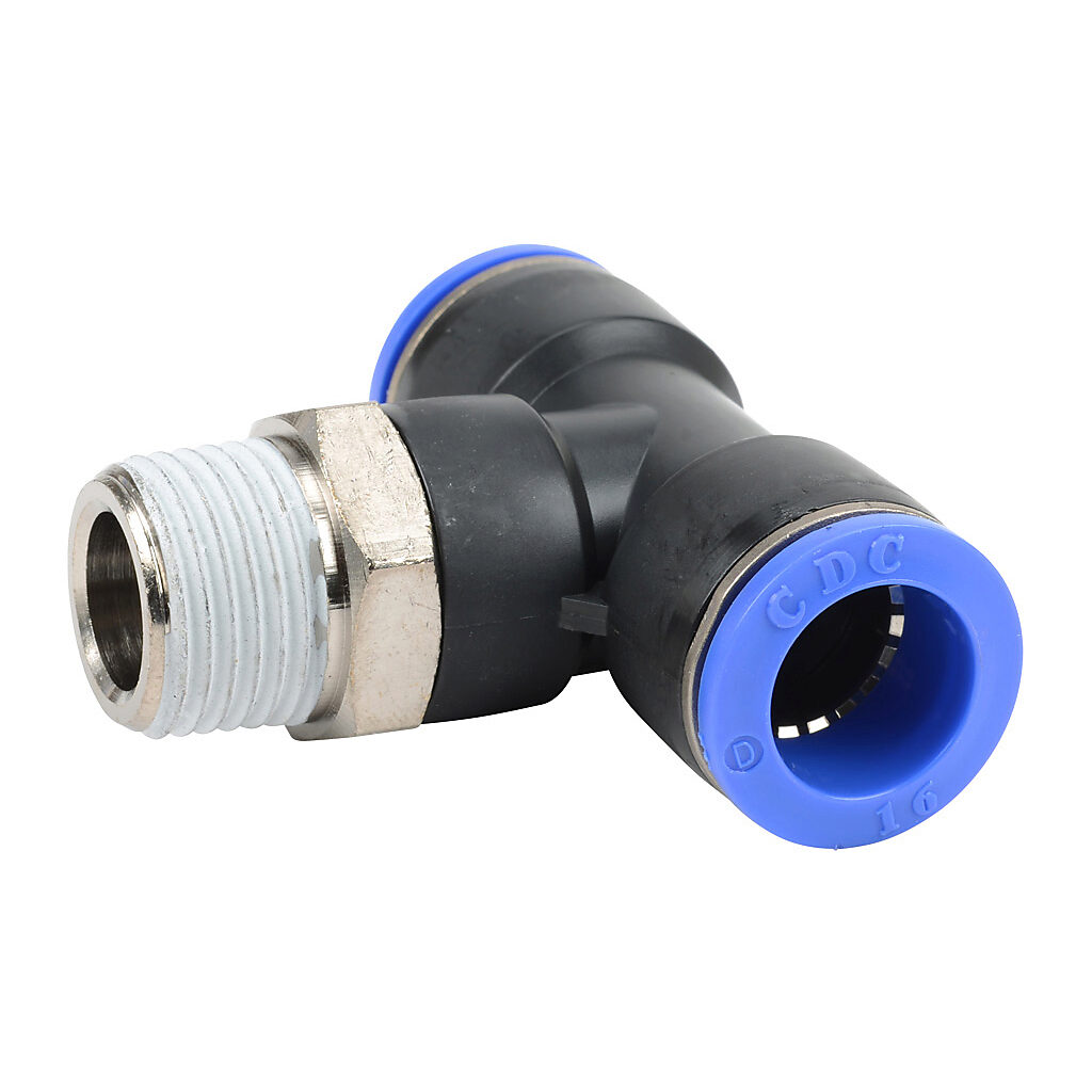 MBT16M-12R - NITRA pneumatic push-to-connect fitting, branch tee, rotating, thermoplastic (PBT) body, nickel-plated brass threads, thread sealant, (1) R1/2 male BSPT to (2) 16mm push-to-connect. Package of 3.