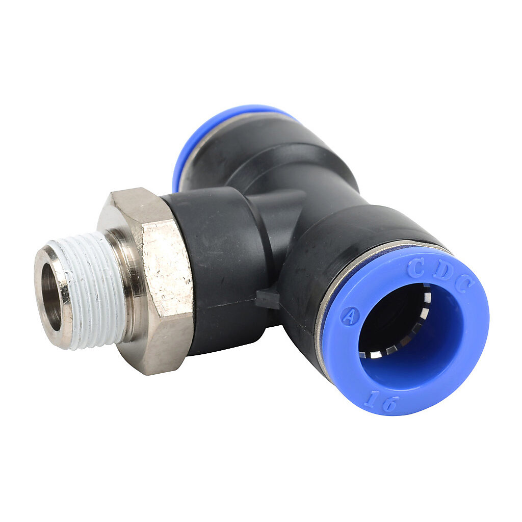 MBT16M-38R - NITRA pneumatic push-to-connect fitting, branch tee, rotating, thermoplastic (PBT) body, nickel-plated brass threads, thread sealant, (1) R3/8 male BSPT to (2) 16mm push-to-connect. Package of 3.