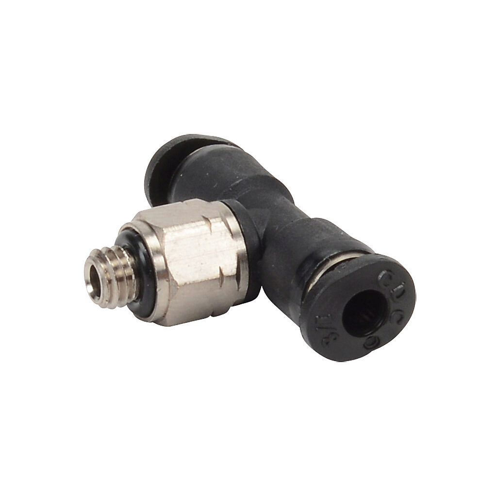 MBT18-10N - NITRA pneumatic push-to-connect fitting, branch tee, rotating, thermoplastic (PBT) body, nickel-plated brass threads, Buna-N O-ring seal(s), (1) #10-32 male UNF to (2) 1/8in push-to-connect. Package of 5.