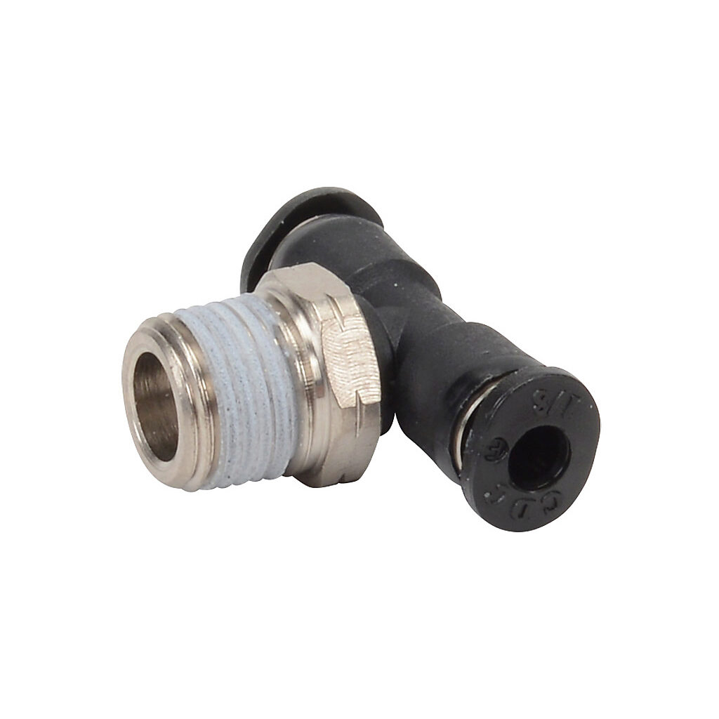 MBT18-18N - NITRA pneumatic push-to-connect fitting, branch tee, rotating, thermoplastic (PBT) body, nickel-plated brass threads, thread sealant, (1) 1/8in male NPT to (2) 1/8in push-to-connect. Package of 5.