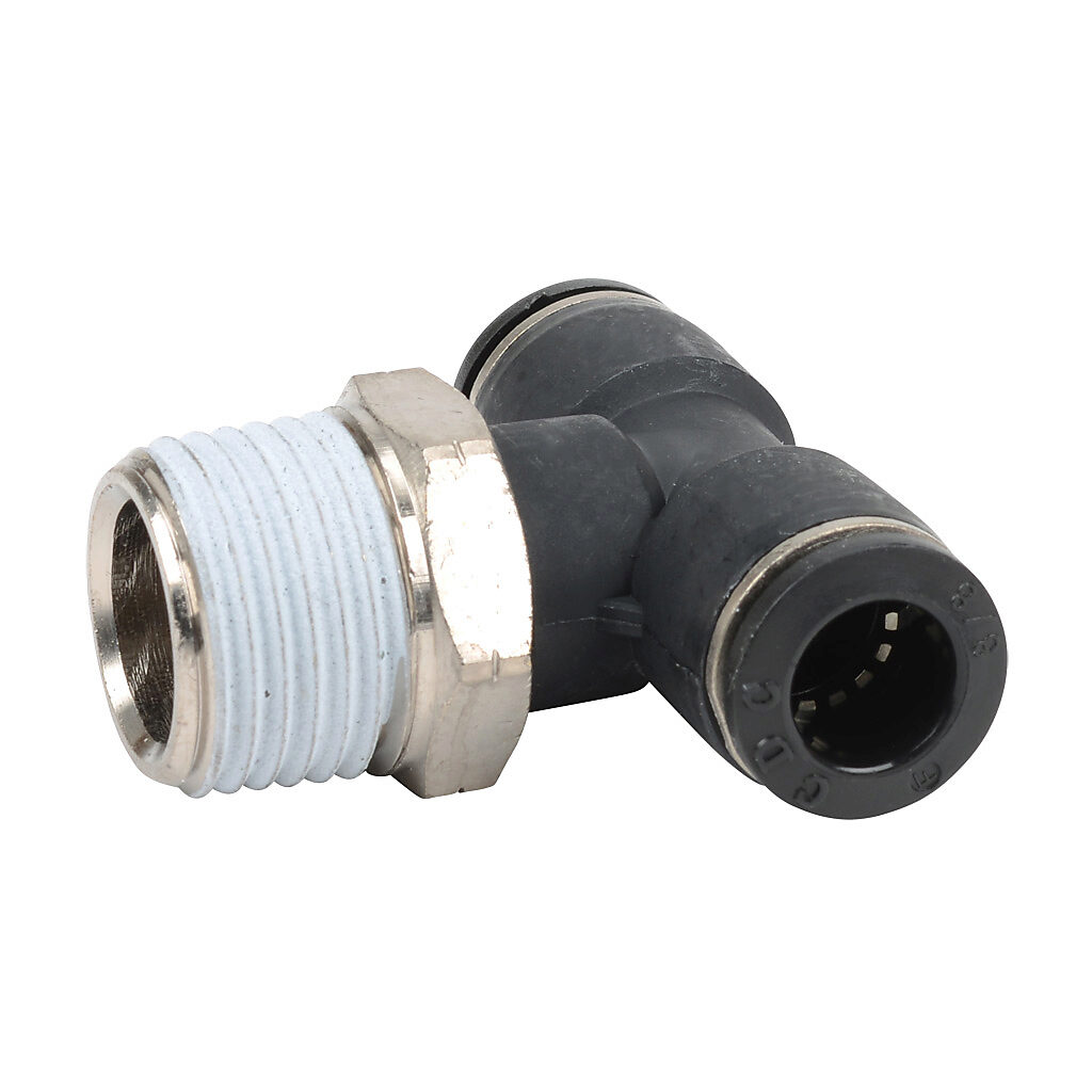 MBT38-12N - NITRA pneumatic push-to-connect fitting, branch tee, rotating, thermoplastic (PBT) body, nickel-plated brass threads, thread sealant, (1) 1/2in male NPT to (2) 3/8in push-to-connect. Package of 5.