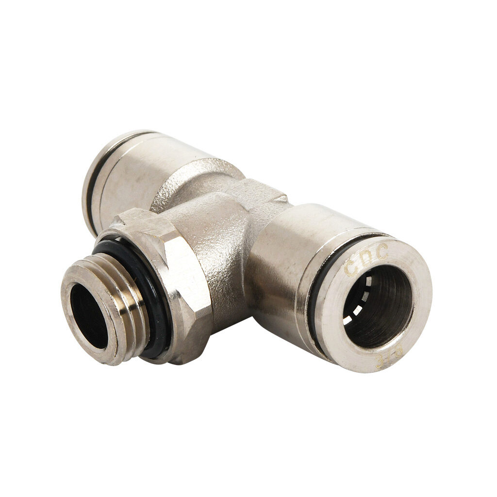 MBT38-14G-B - NITRA pneumatic push-to-connect fitting, branch tee, rotating, nickel-plated brass body, nickel-plated brass threads, Buna-N O-ring seal(s), (1) G1/4 male BSPP to (2) 3/8in push-to-connect. Package of 5.
