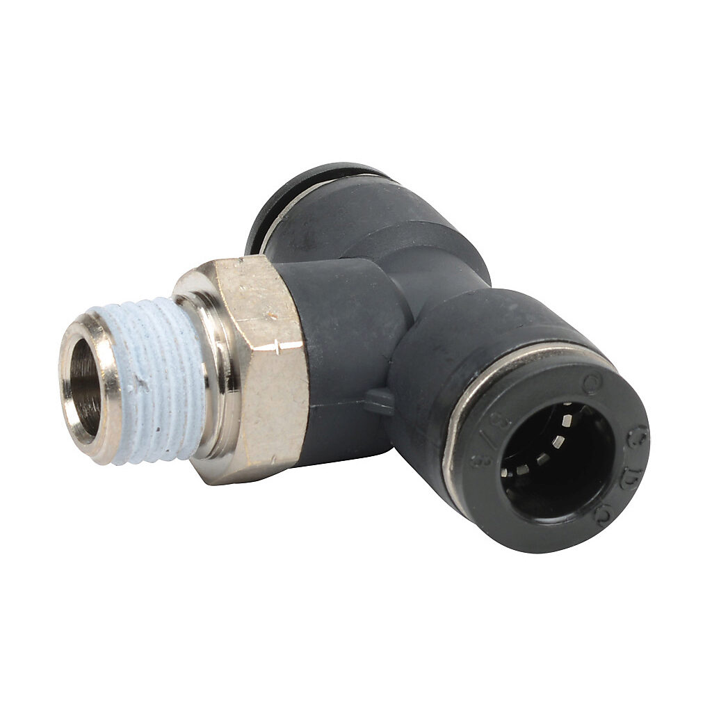 MBT38-14N - NITRA pneumatic push-to-connect fitting, branch tee, rotating, thermoplastic (PBT) body, nickel-plated brass threads, thread sealant, (1) 1/4in male NPT to (2) 3/8in push-to-connect. Package of 5.