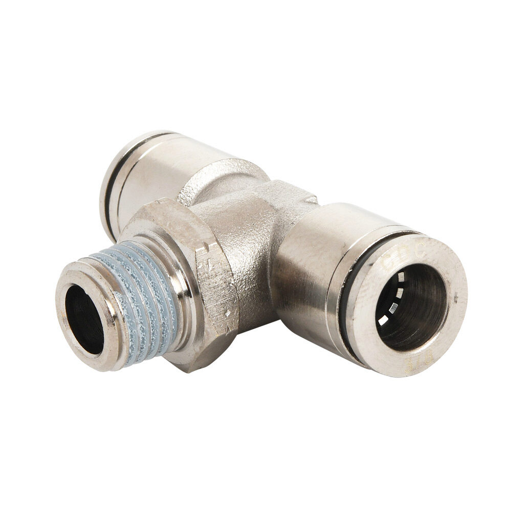 MBT38-14N-B - NITRA pneumatic push-to-connect fitting, branch tee, rotating, nickel-plated brass body, nickel-plated brass threads, thread sealant, (1) 1/4in male NPT to (2) 3/8in push-to-connect. Package of 5.