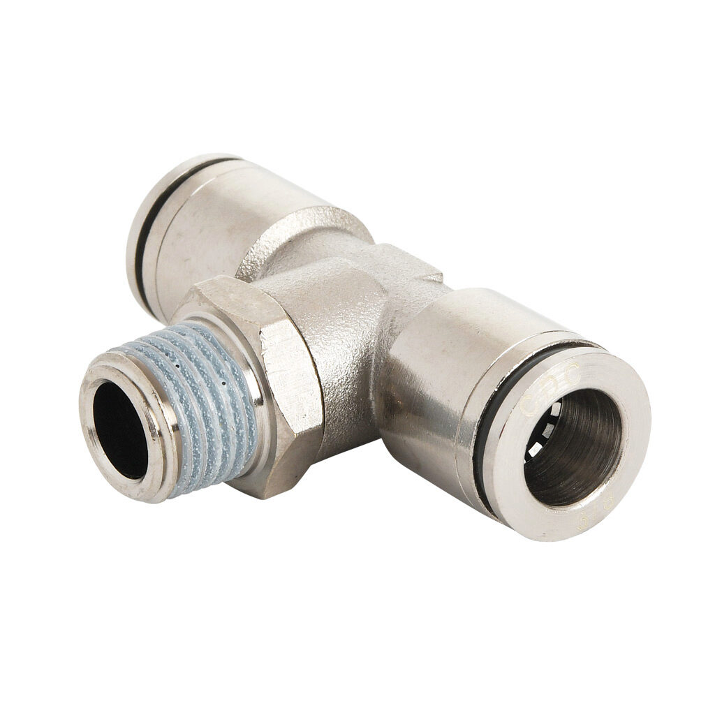 MBT38-14R-B - NITRA pneumatic push-to-connect fitting, branch tee, rotating, nickel-plated brass body, nickel-plated brass threads, thread sealant, (1) R1/4 male BSPT to (2) 3/8in push-to-connect. Package of 5.