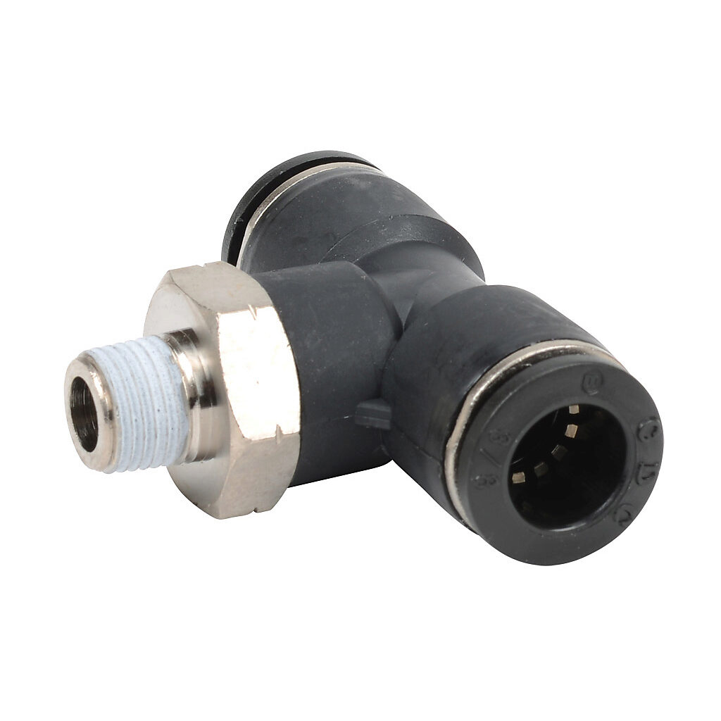 MBT38-18N - NITRA pneumatic push-to-connect fitting, branch tee, rotating, thermoplastic (PBT) body, nickel-plated brass threads, thread sealant, (2) 3/8in push-to-connect to (1) 1/8in male NPT. Package of 5.