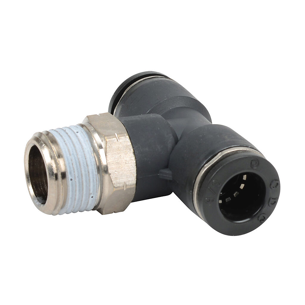 MBT38-38N - NITRA pneumatic push-to-connect fitting, branch tee, rotating, thermoplastic (PBT) body, nickel-plated brass threads, thread sealant, (2) 3/8in push-to-connect to (1) 3/8in male NPT. Package of 5.