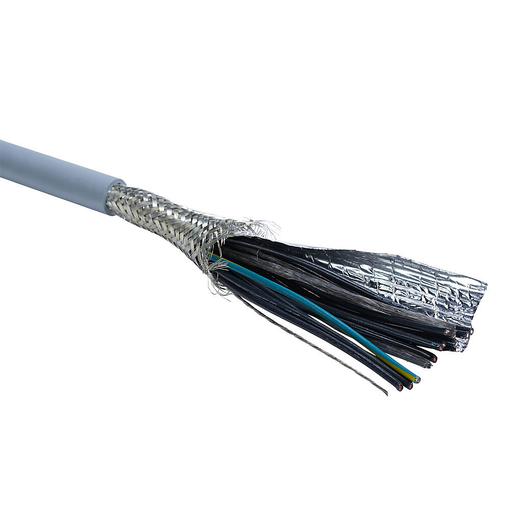 MCTC-18-12S-1 - Southwire flexible control cable, shielded, 12 conductors (includes ground), 18 AWG, bare copper, PVC/Nylon conductor insulation material, black with white numbers and green/yellow ground, TPE jacket, gray, cut to length.