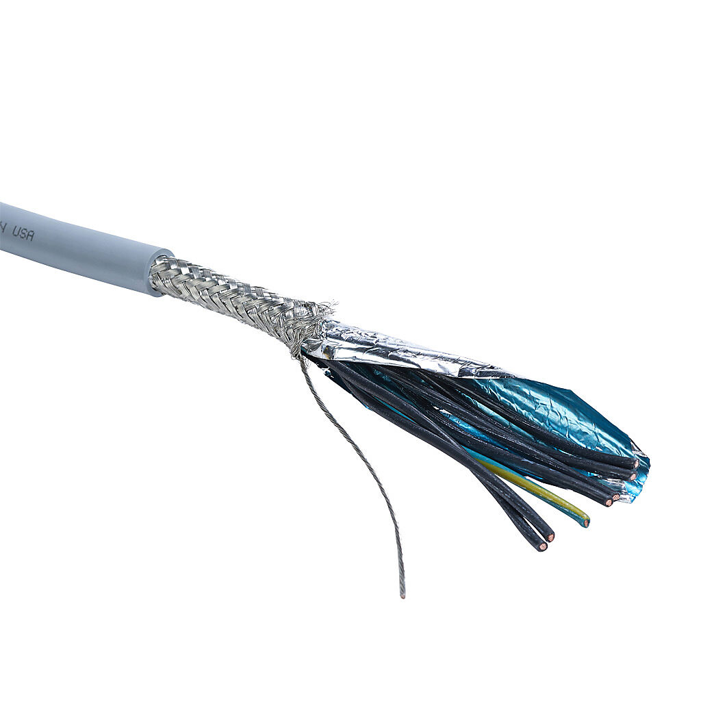 MCTC-18-7S-1 - Southwire flexible control cable, shielded, 7 conductors (includes ground), 18 AWG, bare copper, PVC/Nylon conductor insulation material, black with white numbers and green/yellow ground, TPE jacket, gray, cut to length.