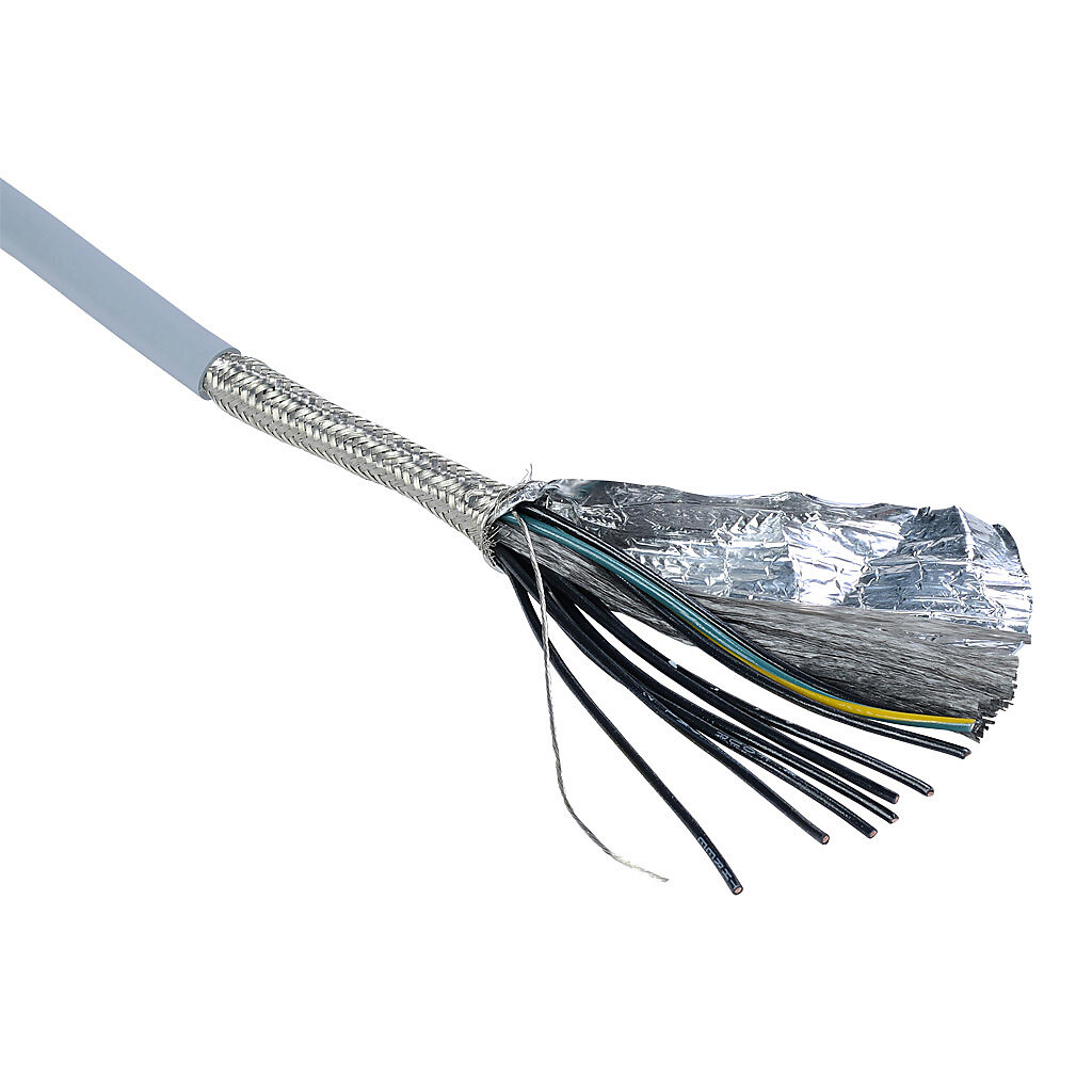MCTC-18-9S-1 - Southwire flexible control cable, shielded, 9 conductors (includes ground), 18 AWG, bare copper, PVC/Nylon conductor insulation material, black with white numbers and green/yellow ground, TPE jacket, gray, cut to length.