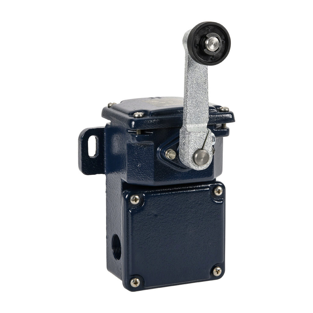MD250-11Z - Schmersal heavy duty limit switch, side rotary lever with plastic roller, (1) N.O./(1) N.C. contact(s), snap action, 122mm hole spacing, cast iron, (2) M25 x 1.5 cable entry.