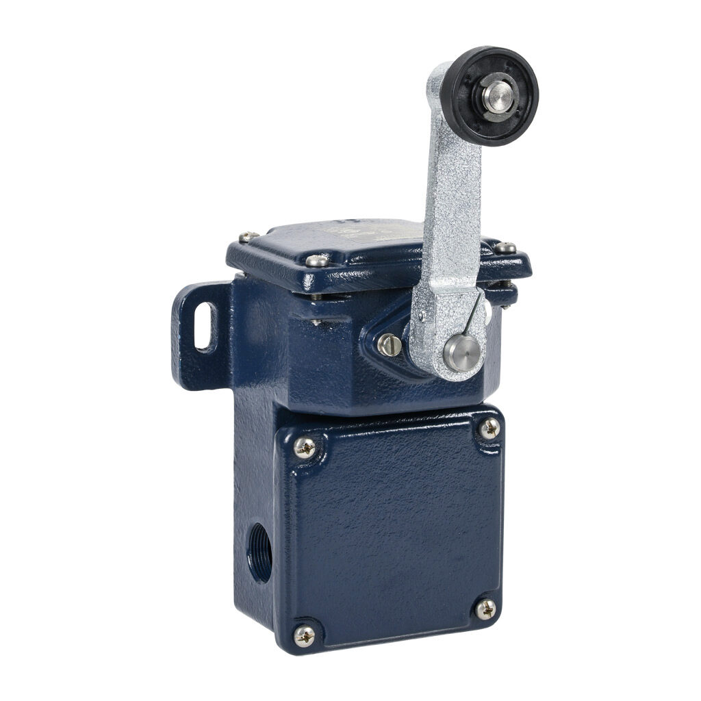 MD250-11Z-T - Schmersal heavy duty limit switch, side rotary lever with metal roller, (1) N.O./(1) N.C. contact(s), snap action, 122mm hole spacing, cast iron, (2) M25 x 1.5 cable entry.