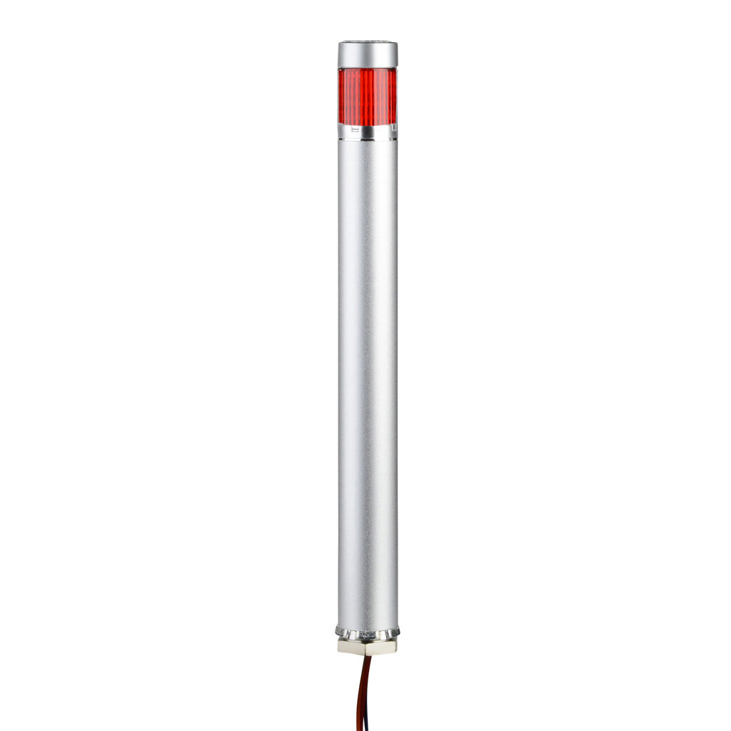 ME-102A-R - Patlite LED signal tower, (1) tier, 25mm diameter, red, permanent light function, 24 VDC, NPN polarity, clear lens, 200mm body length, silver, 360 degree viewing angle, base mount, IP42.