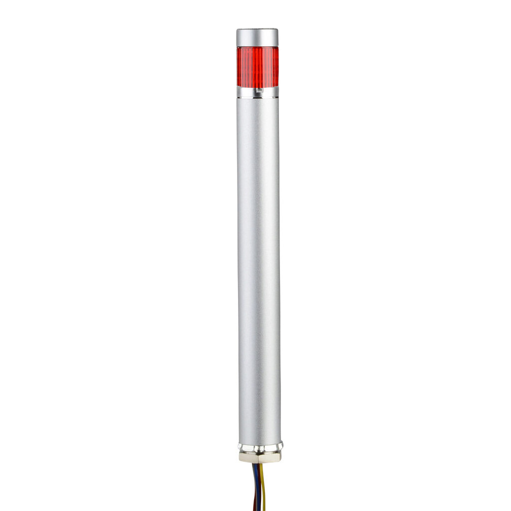 ME-102P-R - Patlite LED signal tower, (1) tier, 25mm diameter, red, permanent light function, 24 VDC, PNP polarity, clear lens, 200mm body length, silver, 360 degree viewing angle, base mount, IP65.