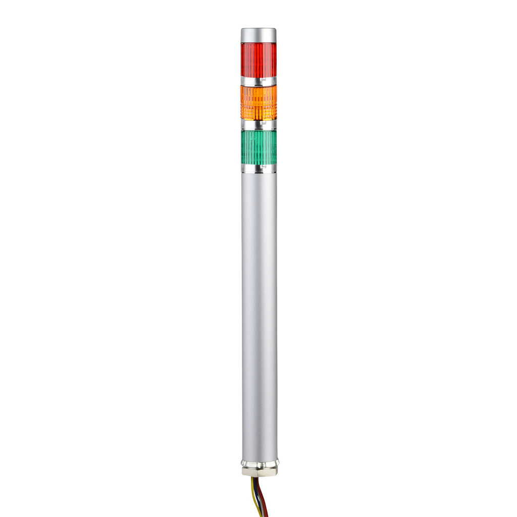 ME-302A-RYG - Patlite LED signal tower, (3) tiers, 25mm diameter, red/amber/green, permanent light function, 24 VDC, NPN polarity, clear lens, 200mm body length, silver, 360 degree viewing angle, base mount, IP42.