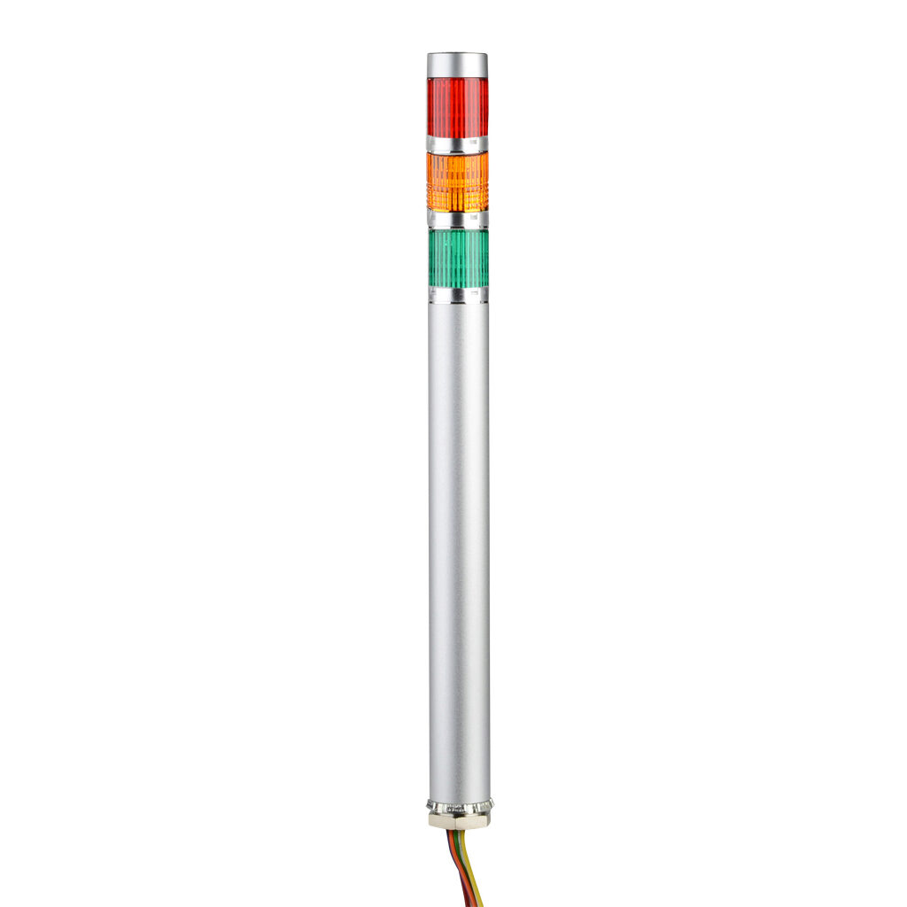 ME-302P-RYG - Patlite LED signal tower, (3) tiers, 25mm diameter, red/amber/green, permanent light function, 24 VDC, PNP polarity, clear lens, 200mm body length, silver, 360 degree viewing angle, base mount, IP65.